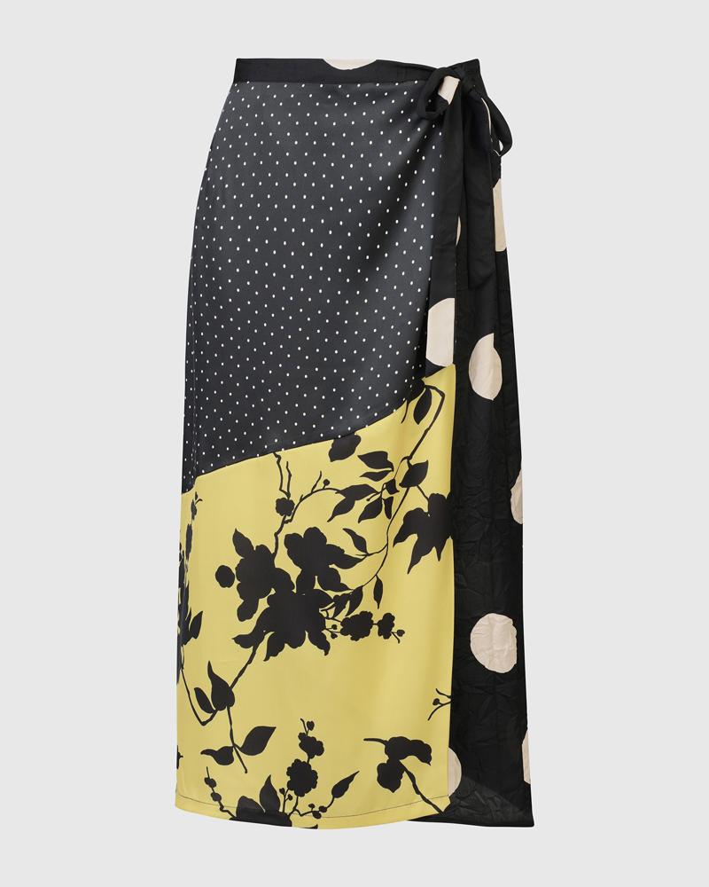 polka dot en bloemenprint asymmetrische midi rok - Alembika