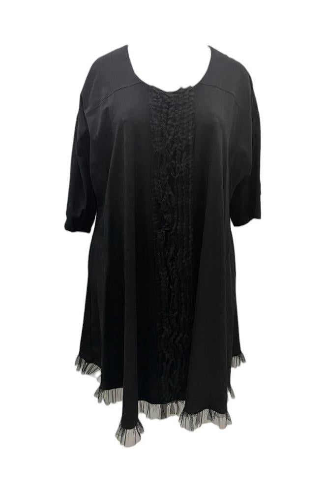 elegante zwarte tuniek met gehaakte inzet en franjezoom 23s0150 - Chalona