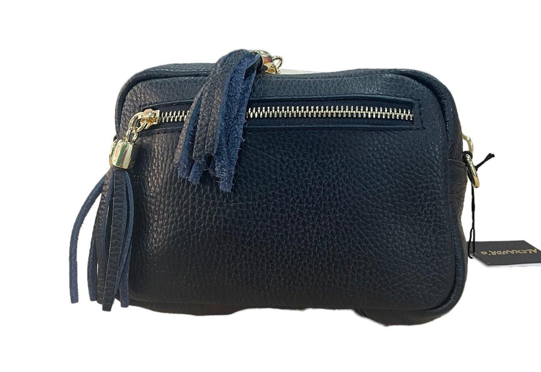 elegante marineblauwe crossbody handtas met gouden details - Alexandr&