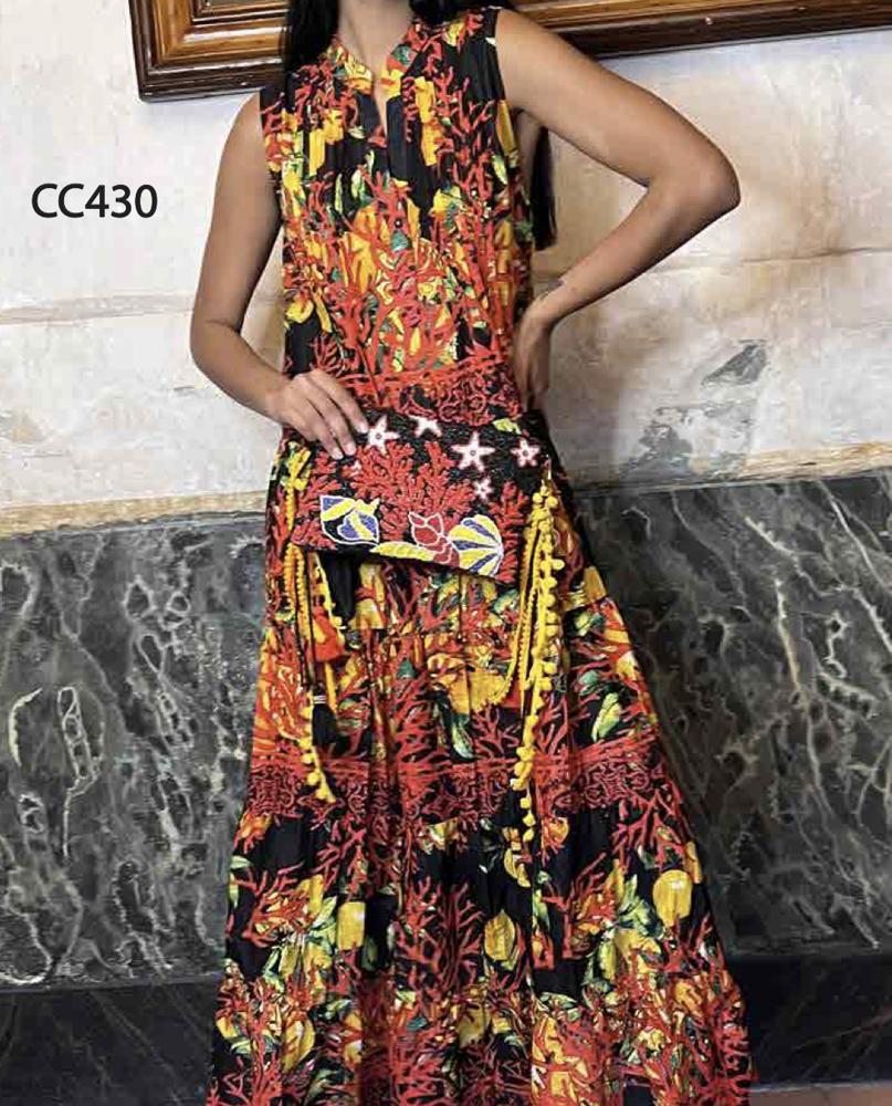 exotische bloemenprint maxi-jurk met mouwloos ontwerp - cc430 - Antica Sartoria