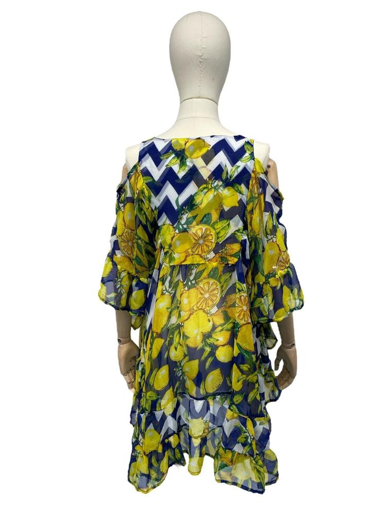 bohemien gele en blauwe bloemenprint zomerjurk met open schouders - cv486 - Antica Sartoria