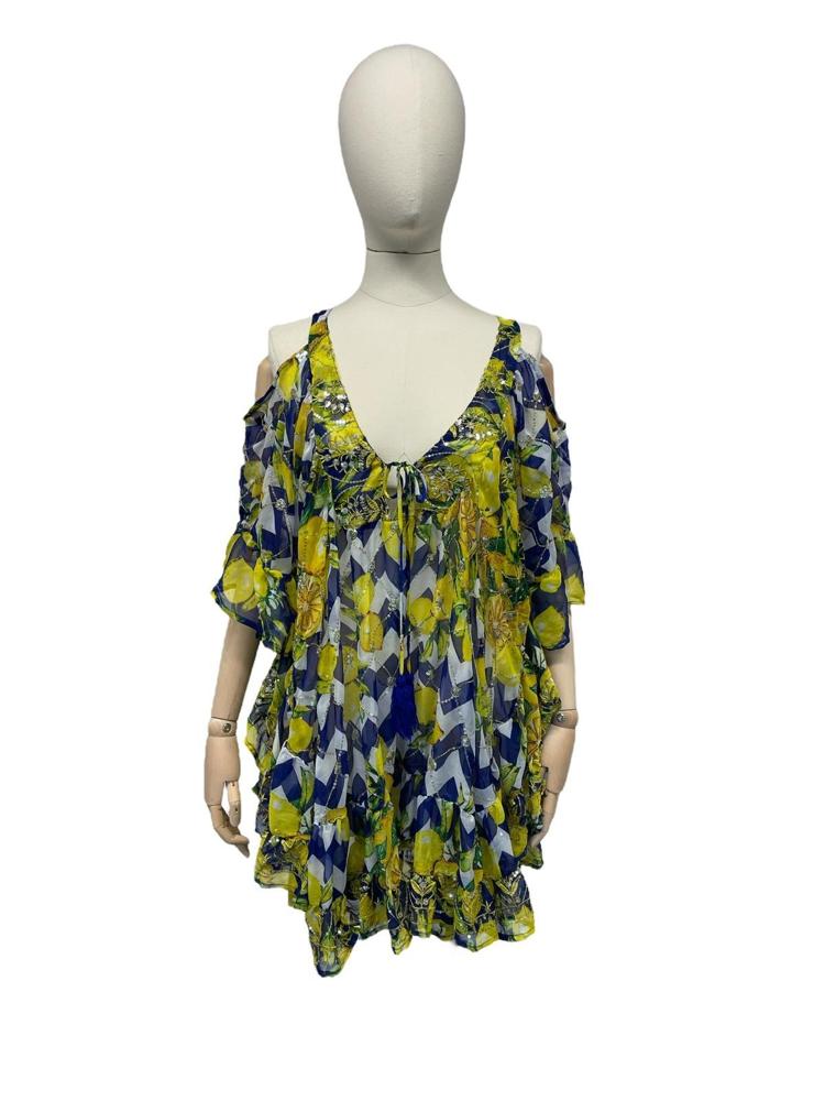 bohemien gele en blauwe bloemenprint zomerjurk met open schouders - cv486 - Antica Sartoria