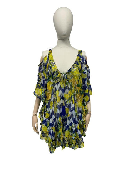 bohemien gele en blauwe bloemenprint zomerjurk met open schouders - cv486 - Antica Sartoria