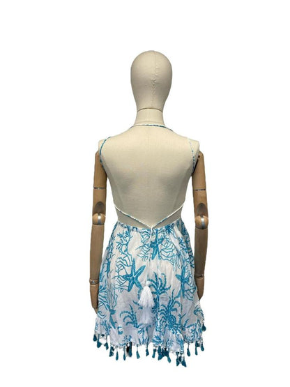 zomerse boho-chic jurk met blauwe bloemenprint en kwastjes - cv1118 - Antica Sartoria