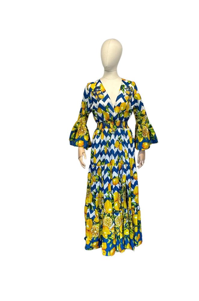 zomerse maxi-jurk met citroenprint en v-hals cs015g - Antica Sartoria