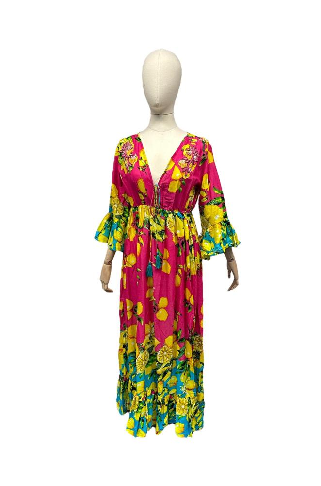 fleurige zomerse maxi-jurk met citroenprint en v-hals - cs001g - Antica Sartoria