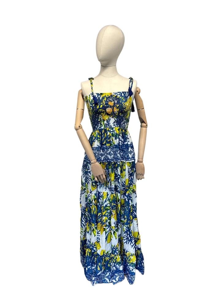 zomerse maxi-jurk met tropisch bloemenmotief en schouderbandjes - cs010a - Antica Sartoria